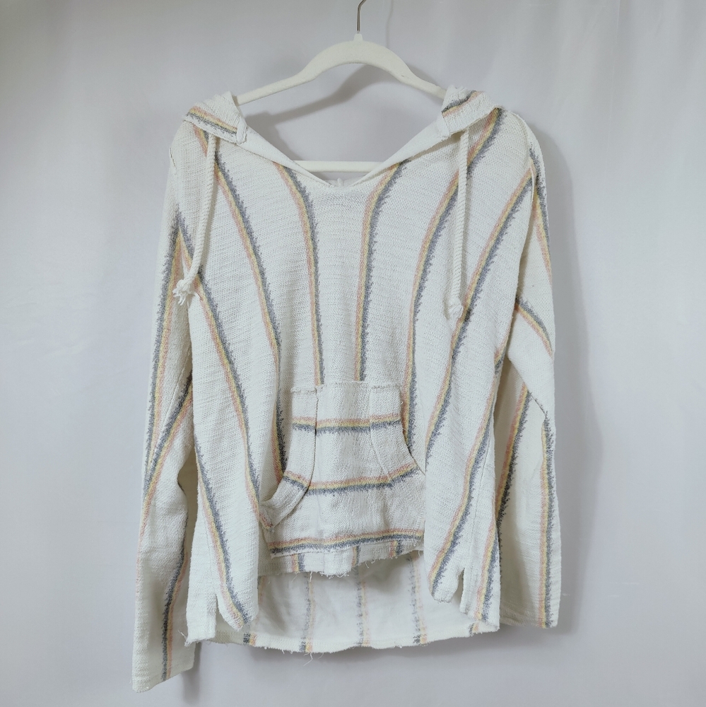 Ocean Drive Women's White Striped Hooded Hoodie Baja Sweater, Sz M